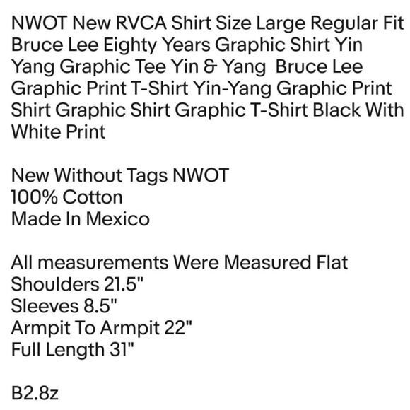 NWOT New RVCA Shirt Size Large Regular Fit Bruce Lee Eighty Years Graphic Shirt - Picture 2 of 6